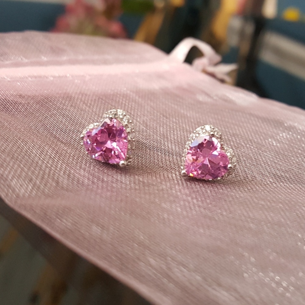 Pink Cubic Zirconia Heart Studs